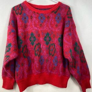 Vintage Benetton Mohair Sweater Women's 50 Fit XL Floral Geometric Print Red 80s